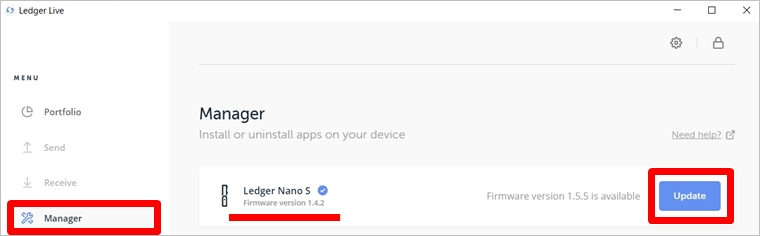 Ledger live マネージャーでの、Ledger Nano Sのファームウェアのバージョン確認